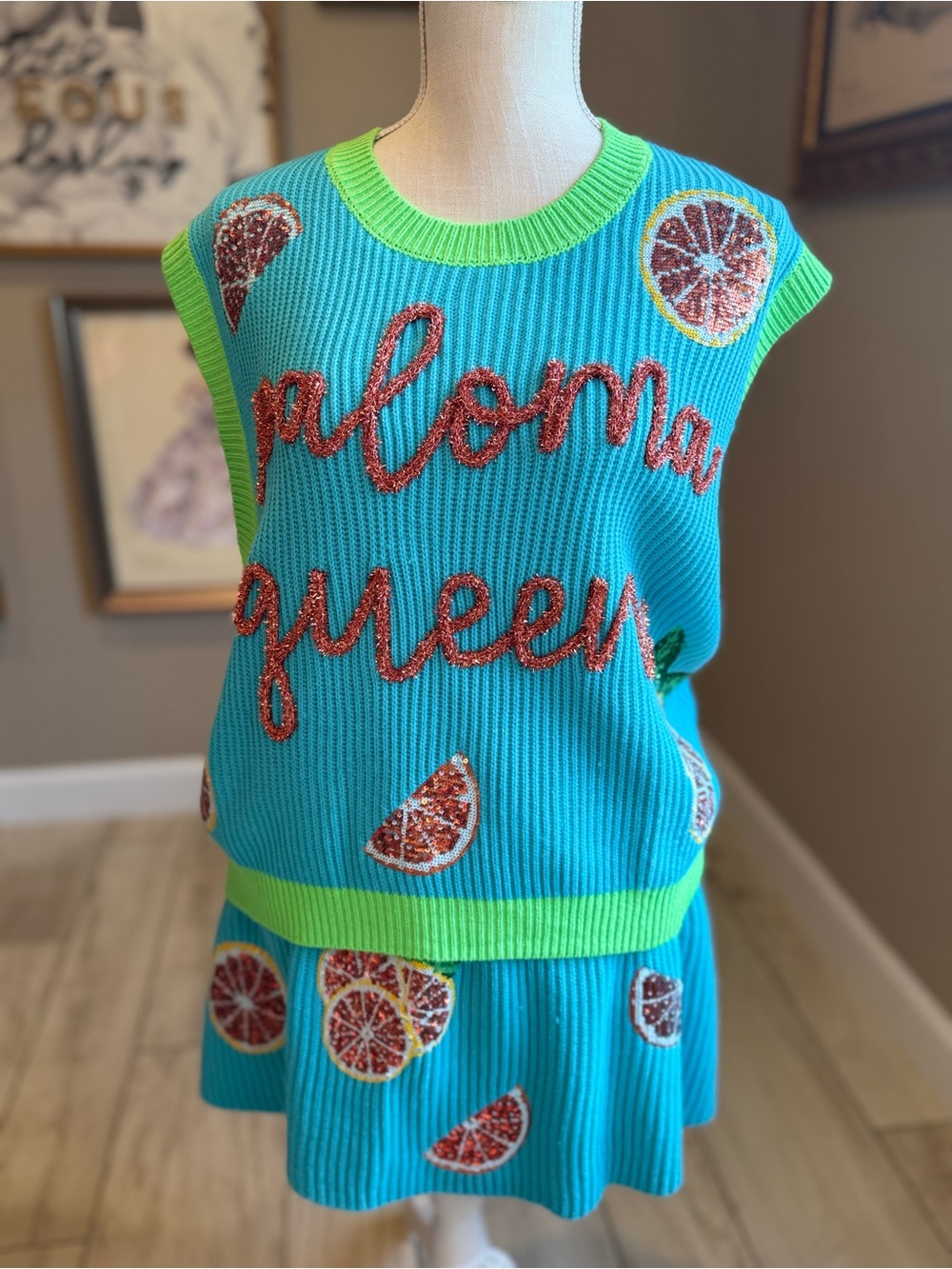 QUEEN OF SPARKLES Aqua Grapefruit Paloma Queen Knit Vest & Skirt Set